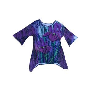 Oufisun 3X Purple Iris Floral Tunic Top Asymmetrical Handkerchief Hem 3/4 Sleeve